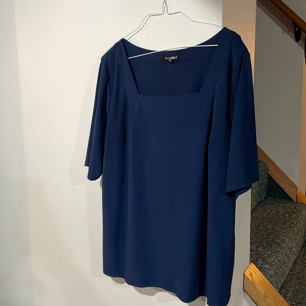 Roz&Ali Navy Square-Neck Top, Dressy, Short Sleeve